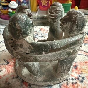 Mexican Terra Cotta Pottery Candle Holder Circle of 4 Friends Mayan Folk Art